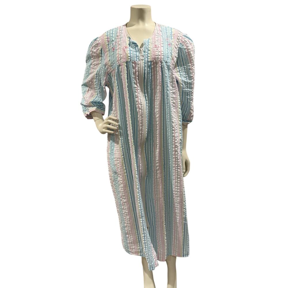 Country Store Seersucker House Coat Robe Sz L Zip Up Pastel Multicolor Stripes